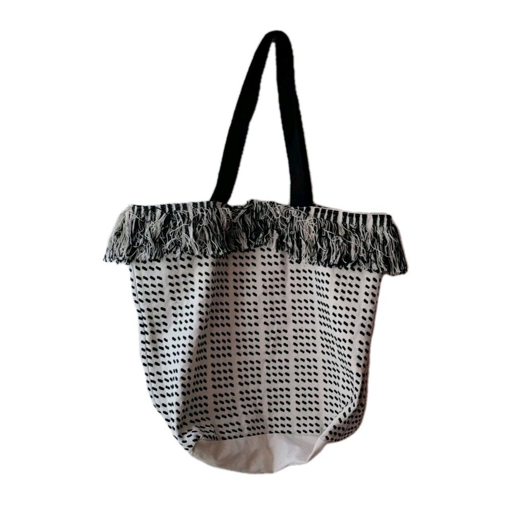 Woven Jute Fringe Tote Oversized Bag Boho Beach Black & White Pattern